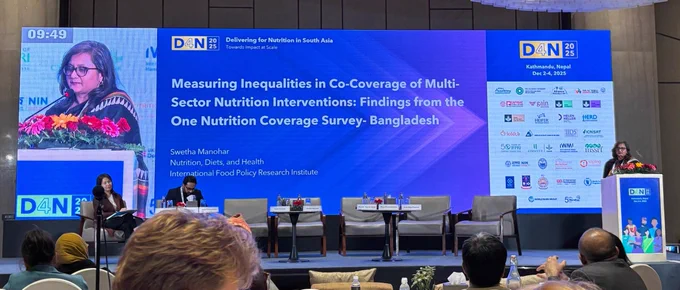 Image 4. Swetha Manohar, IFPRI, presenting findings from inequalities in co-coverage of multisector nutrition interventions