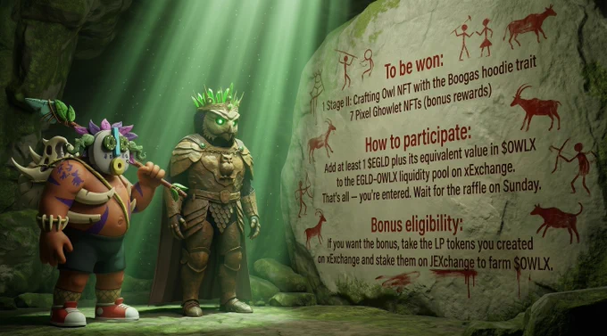 The monthly raffle for our LP providers takes place on Sunday, December 7th!

All details on how to be part of it are highlighted on the presentation banner below.

This month’s prize pool includes a 3D hand-crafted kinetic Stage II: Crafting Owl NFT featuring the @BoogasX Hoodie Trait, plus 7 Pixel Ghowlet NFTs as bonus rewards.

Furthermore, the Booga Points that @KingOwl7_ accumulates through his Boogas NFTs or community events they host will also be put to work each month.

A separate monthly raffle will be held exclusively for holders of an Owl NFT with the Boogas Hoodie Trait.

Together with the winner, we will decide how to use that month’s BP and share the resulting rewards.

Example:

Use 100 BP inside the Booga Bank → swap for 5 $USH → split the prize.

If you also own a Boogas NFT and are part of their TG group, you can claim half. I will send them using their /drop command.

Current BP owned by KO7: 135

Total Stage II: Crafting Owls NFTs with the Boogas Hoodie Trait: 15
