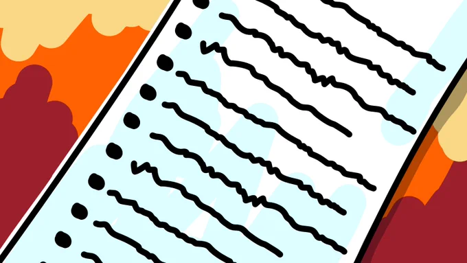 Illustration of a sheet of paper with a stylised bullet list in front of a fiery red background.