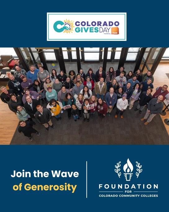 Group photo of diverse individuals gathered in a spacious lobby, promoting Colorado Gives Day. Text reads: ‘Join the Wave of Generosity’ alongside the Foundation for Colorado Community Colleges logo.