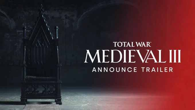 Video thumbnail featuring a black and white image of a medieval era wooden throne in the middle of a large stone hall, with red fading in from the right side of the image. Alongside this is the Total War: MEDIEVAL 3 logo and text that reads “Announce Trailer”.
