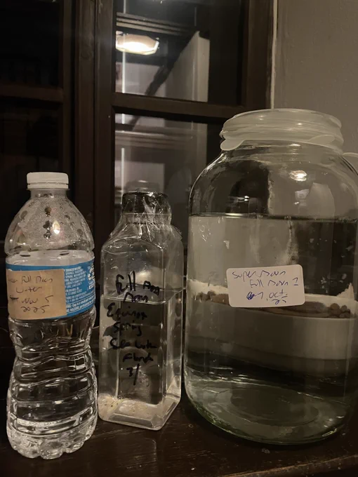 a large glass jar of mooonwater with smaller botles of other moonwater on a window ledge