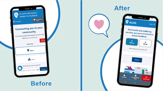 Graphic with two mobile phones against a pale green background. The phone on the left is showing the old ALISS mobile sit, the phone on the right is showing the new ALISS mobile site. 