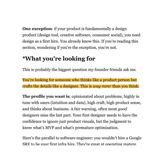 Highlighted draft text defining ideal first designer: product-minded thinker who crafts detailed, rare design skill, with profile traits and hiring advice.