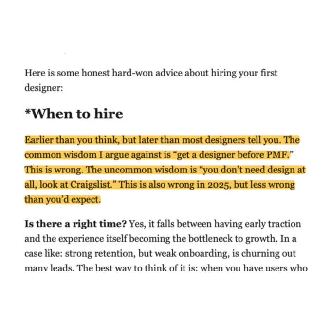 Section titled "When to hire" with highlighted advice saying hire earlier than you think but later than designers suggest, weighing common and uncommon views.