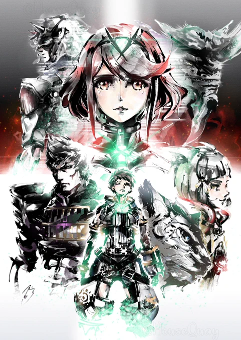 In the centre, a portrait of Pyra. Rex is the middle bottom of the page, the core crystal in his chest shining. To the right of him are Nia and Dromarch, to his left is Malos. In the top left, behind Pyra, is Jin, with his back to the viewer. In the top right is Gramps, also known as Azurda!