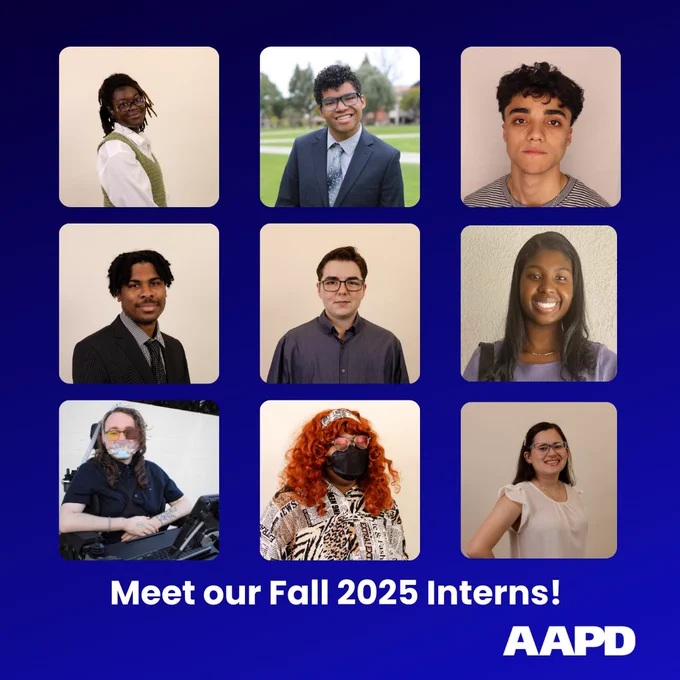 Nine diverse Fall 2025 interns posed in a grid layout against a blue background with AAPD branding below.