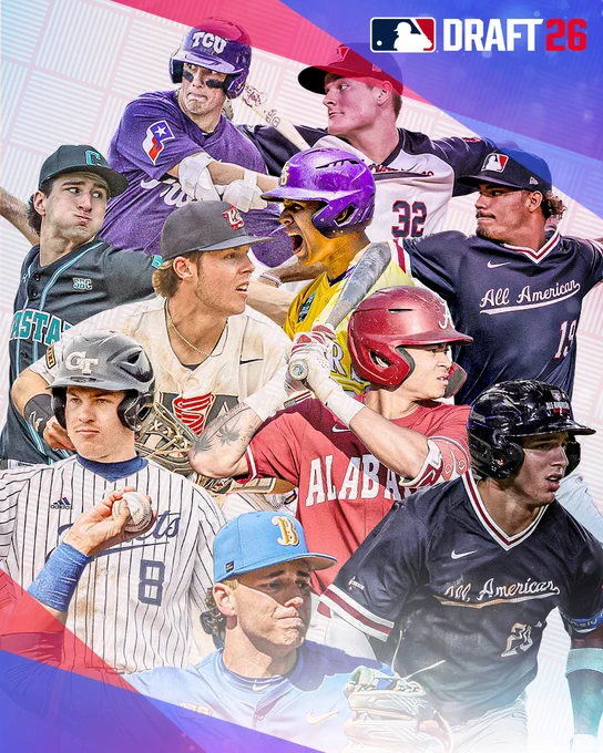 MLB DRAFT 2026
Photos of Sawyer Strosnider, Carson Bolemon, Cameron Flukey, Grady Emerson, Derek Curiel, Gio Rojas, Drew Burress, Justin Lebron, Jacob Lombard and Roch Cholowsky on a white, red and blue background