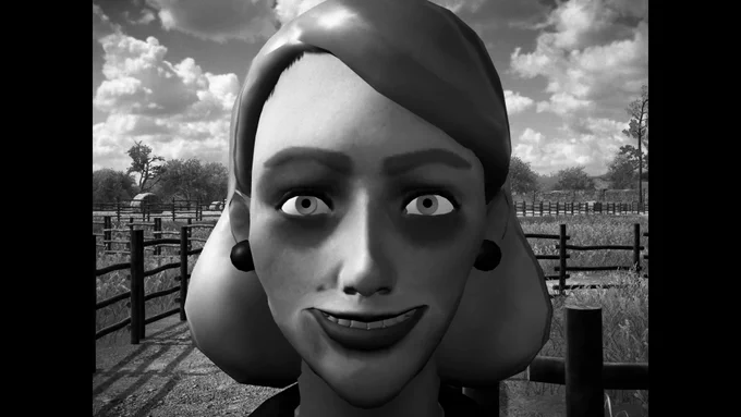 A woman smiles in black and white, with a 4:3 aspect ratio. 