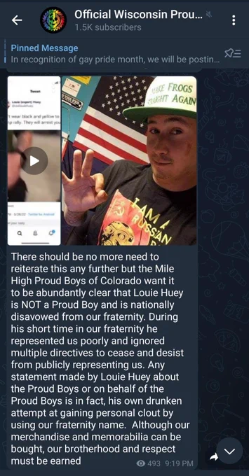 Telegram screenshot from the Official Wisconsin Proud Boys disavowing Louie Huey as a member.