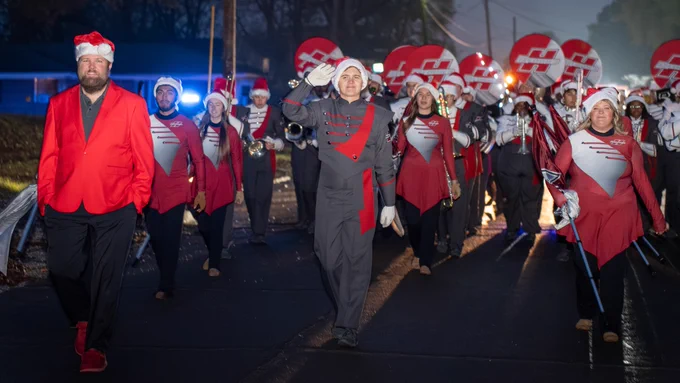 The Showband of Arkansas performing at the 2025 Arkadelphia Christmas Parade. 