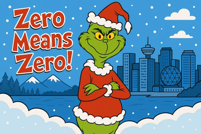 AI generated Grinch in front of cartoon rendering of Vancouver skyline. Grinch is smiling as snow falls lightly around and red Dr Seuss style lettering at top right reads "Zero Means Zero!"