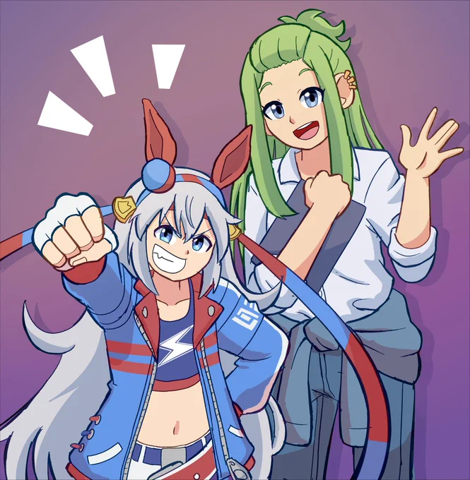digital art of tamamo cross from uma musume and her trainer komiyama