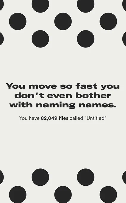 An image playing on Spotify Wrapped with text that says "You move so fast you don't even bother with naming names. You have 82,049 files called "Untitled"
