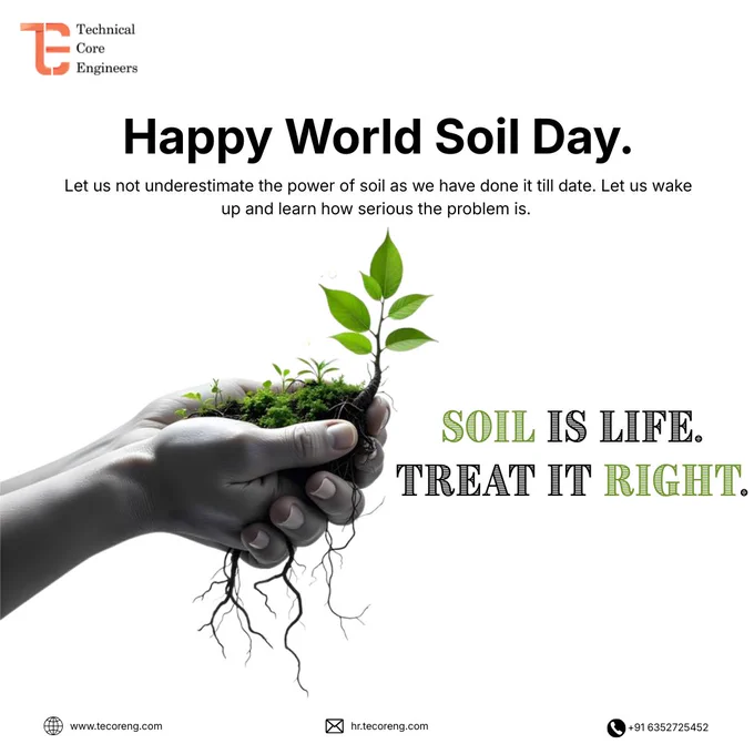 A pair of hands gently holding soil with a small green plant growing from it, symbolizing life, growth, and the importance of protecting soil.  ‘Happy World Soil Day – Soil is Life. Treat it Right.