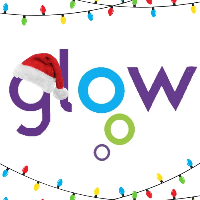 The image shows the Glow logo with a Santa hat on it alongside Christmas lights.