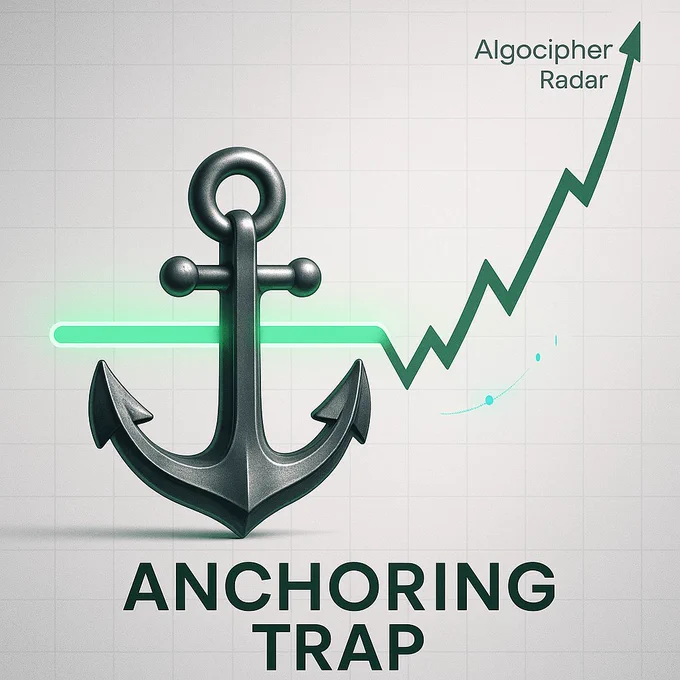 A 3D illustration titled "ANCHORING TRAP" featuring a large, dark metal anchor sitting on a light gray grid background. To the right of the anchor, a green upward-sloping line chart represents a rising trend, labeled "Algocipher Radar." A bright green horizontal bar extends from the anchor to the chart, visually linking the "anchor" to the price action. The image represents the cognitive bias of anchoring in trading.