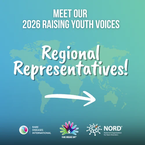 Meet our 2026 Raising Youth Voices Regional Representatives, above an arrow and RDI, Rare Disease Day and NORD logos.