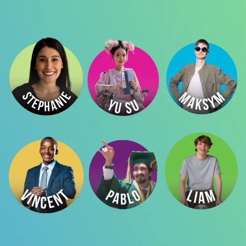 Stephanie, Yu Su, Maksym, Vincent, Pablo and Liam in colourful circles, smiling. 