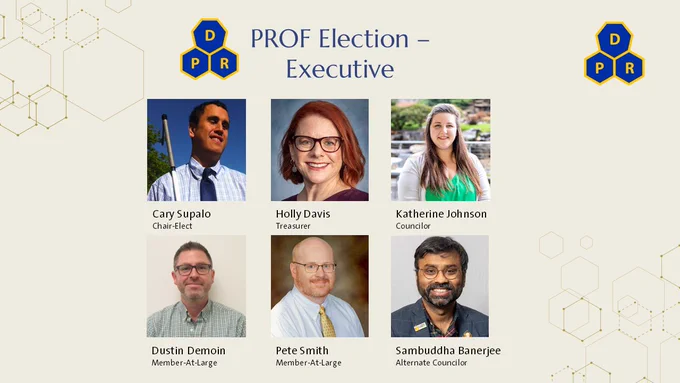 Headshots of six PROF Executive Election candidates with names and roles: Chair-Elect, Treasurer, Councilor, Member-At-Large, and Alternate Councilor.