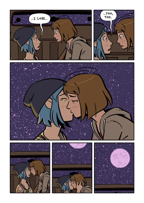 Page 32.

Chloe: …I love… you, too.

They move closer and kiss. This is all they’re doing for the rest of the night.