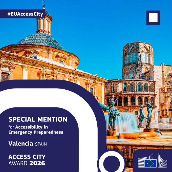 The main square of Valencia showing a nice fountain and the saying special mention for accessibility preparedness