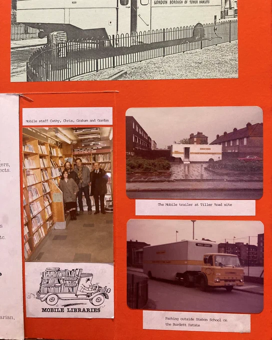 Detail from a 1980s promotional board for the Tower Hamlets Mobile Library Service showing interior and exterior views of the van (ref. TH/10365).