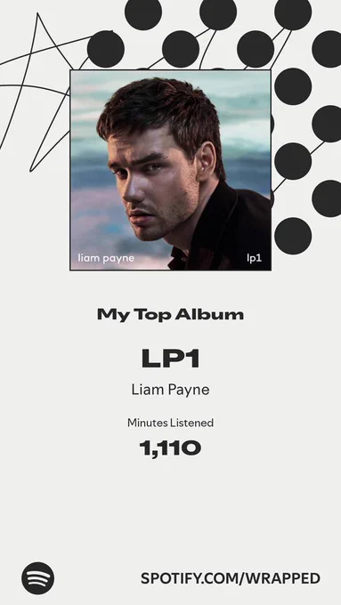 Screenshot from my Spotify Wrapped 2025. The picture in the middle is the cover of LP1. The caption reads: 
My top album 
LP1
Liam Payne 
Minutes listened
1,110