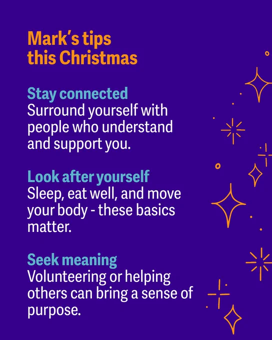 Alt text: A purple background features yellow and blue text titled "Mark's tips this Christmas." The tips include: "Stay connected" with advice to surround yourself with supportive people, "Look after yourself" by maintaining basic health routines like sleep and exercise, and "Seek meaning" through volunteering or helping others. Decorative yellow star and sparkle icons are scattered on the right.