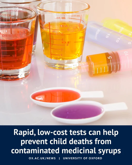 Two beakers filled with amber liquid and a syringe on a table, emphasising the development of rapid, low-cost tests for contaminated medicinal syrups. Image credit: University of Oxford.