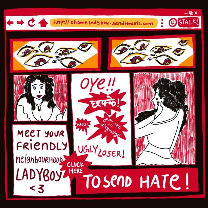 A browser tab with web address: http://shameladyboy.sendthreats.com

The screen is divided into multiple panels with eyes, figures of women, hate speech, and sexual advertisements.