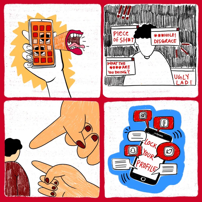 Four panels of illustrations.

Panel 1: A yelling mouth coming out of a phone screen with eyes on it.
Panel 2: A figure surrounded by browser tabs filled with insults and hate speech.
Panel 3: Two hands pointing towards a figure on the corner.
Part 4: A phone with text on the screen: Lock your profile. Social media icons and text bubbles coming out of it.