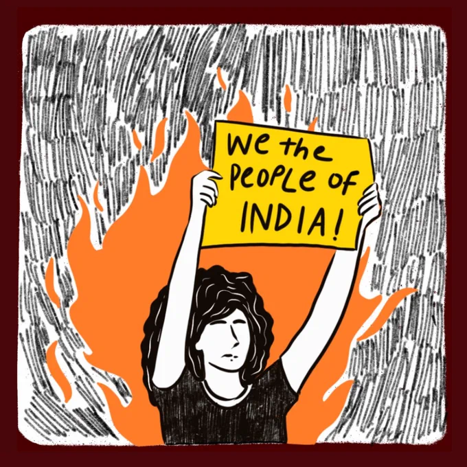Illustration of a long-haired person holding up a signboard: We the people of India. Behind them is a fire.