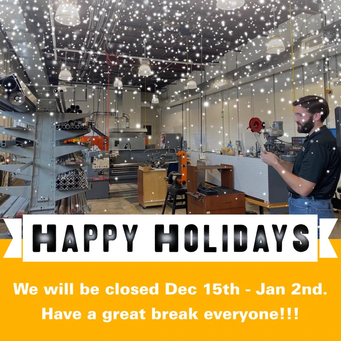 Post about “Happy Holidays.” Includes photo of the Maker Garage and body text which reads, “We will be closed Dec 15th - Jan 2nd. Have a great break everyone!!!”