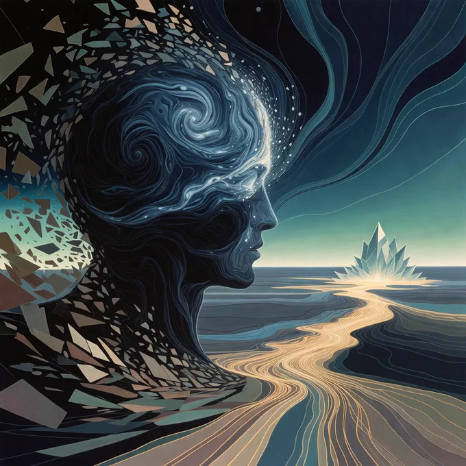 A conceptual abstract artwork of intelligence as a dynamic vortex, with data fragments and a glowing pathway to harmony.