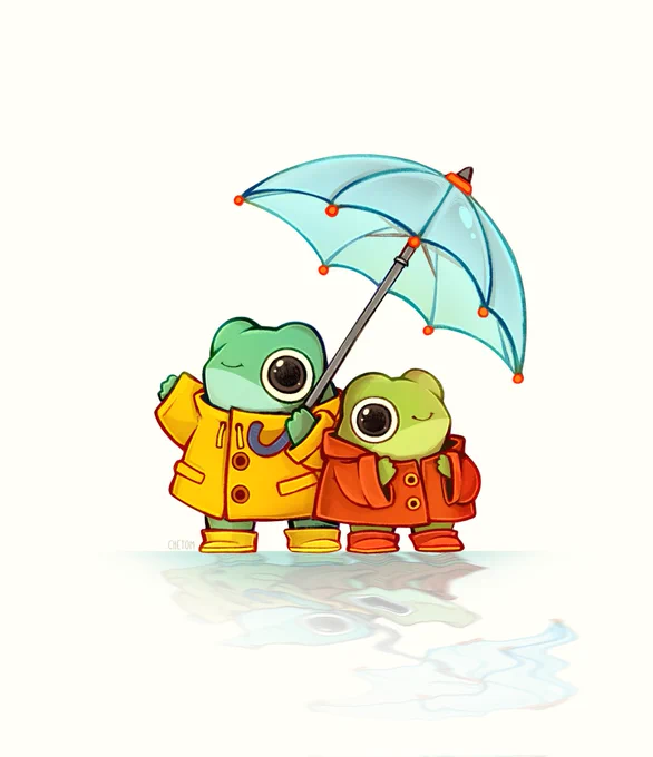two cute frogs wearing raincoats and rain boots holding a big umbrella artwork by chetom