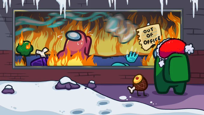 A Green Crewmate wearing the Presents Dude Hat stands outside of the emergency room in Polus with their Hammy Pet. There is snow outside and an "Out of Office" sign on the window.

Inside, there is hellfire and a water cooler flying across the room. A Coral Crewmate runs in panic, a Cyan Crewmate tries to escape with their hand sliding down the window, and a Purple Crewmate Corpse is in the corner.