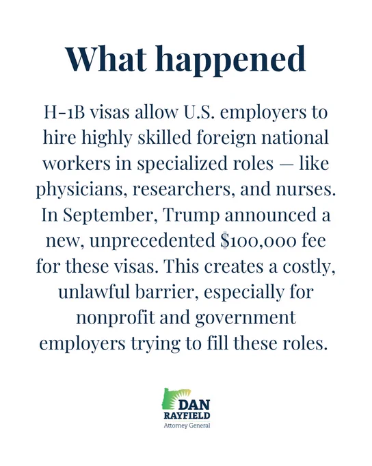 H-1B visas allow U.S. employers to hire highly skilled foreign national workers in specialized roles — like physicians, researchers, and nurses. In September, Trump announced a new, unprecedented $100,000 fee for these visas. This creates a costly, unlawful barrier, especially for nonprofit and government employers trying to fill these roles. 
