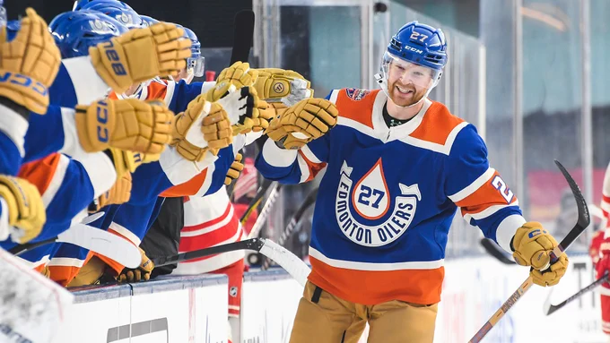 Brett Kulak celebrating a goal at the Heritage Classic. 