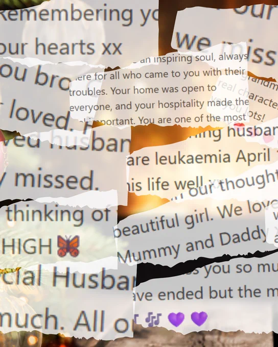 Torn pieces of paper with heartfelt messages remembering loved ones, expressing love and gratitude.