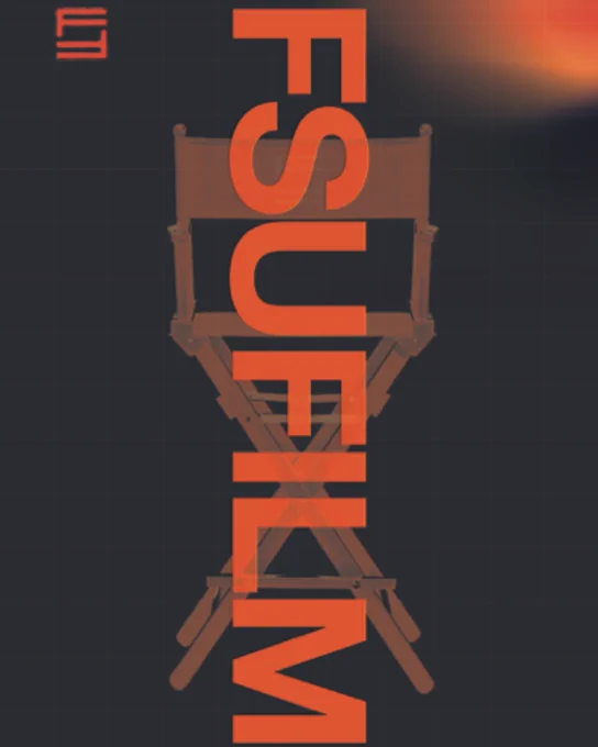 Promotional graphic for the Film School at Florida State University featuring a director's chair with the university's name vertically across it in orange, set against a dark background.
