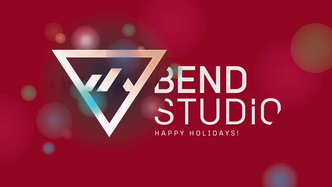 A primarily red background with a large Bend Studio logo in the center of this rectangular image. Underneath the logo in small text reads, “Happy Holidays!”