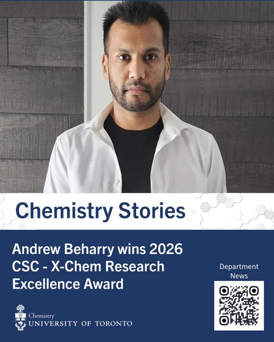 Announcement of a Chemistry department news story, with a photo of principal interviewee and a QR code leading to Chemistry Stories at UofT.