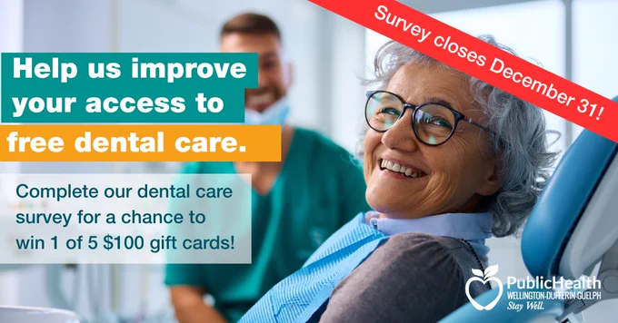 Advertisement from Public Health Wellington-Dufferin-Guelph featuring an elderly individual smiling at the camera in a dental office, with a dentist in the background. Text encourages completing a survey to improve access to free dental care, with a chance to win a gift card. Survey closes December 31.