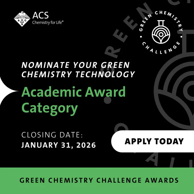 ACS Chemistry for Life. Green Chemistry Challenge Awards. Nominate your green chemistry technology. Academic Award Category. Closing Date: January 31, 2026. Apply Today.
