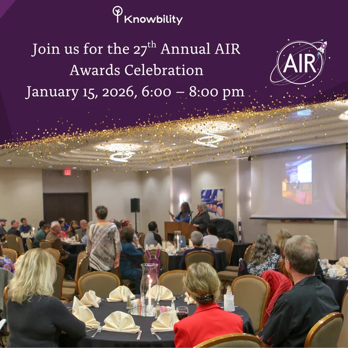 Knowbility's 27th Annual AIR Awards Celebration on Jan 15, 2026, 6:00-8:00 pm. Guests seated at black-draped tables in a lit ballroom.