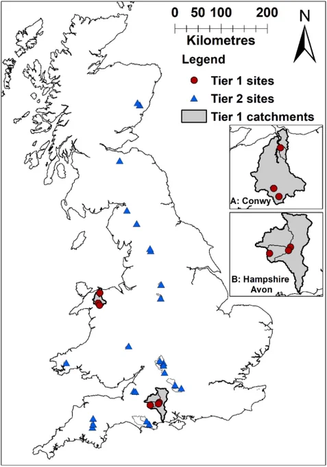 Figure 1: Locations of Tier 1 and Tier 2 sites. Inset A: Tier 1 sites on the Conwy in North Wales and B: Tier 1 sites on the Hampshire Avon in Southern England.