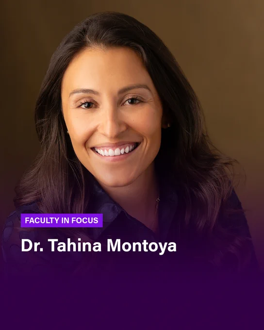 A headshot of a woman smiling against a dark background. A dark purple gradient is on the bottom, where text reads FACULTY IN FOCUS Dr. Tahina Montoya 
