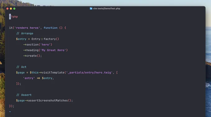 A screenshot of a Pest test checking a template matches a previous screenshot.