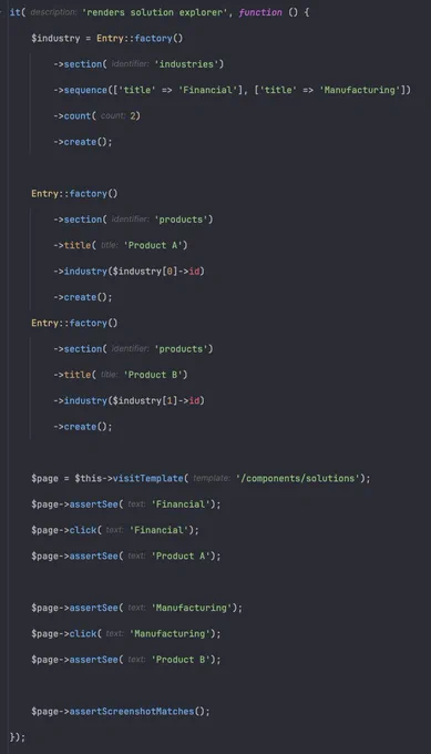 A Pest test showing two industries and two products being created and then tested against a javascript widget.